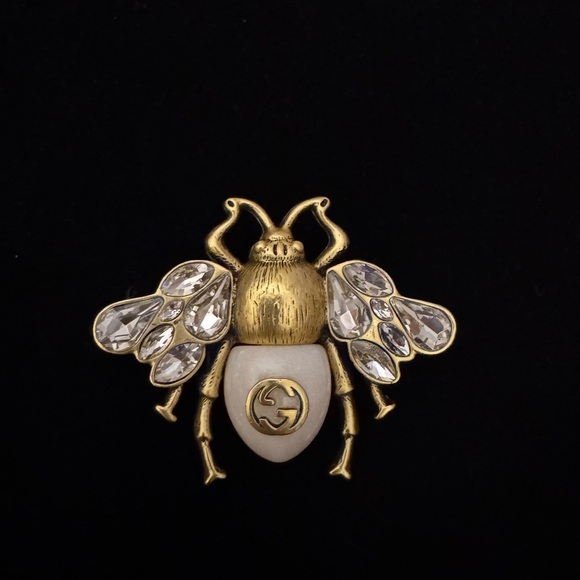 Gucci GG Gold and White Bee Brooch with Crystal Accents - Picture 1 of 3